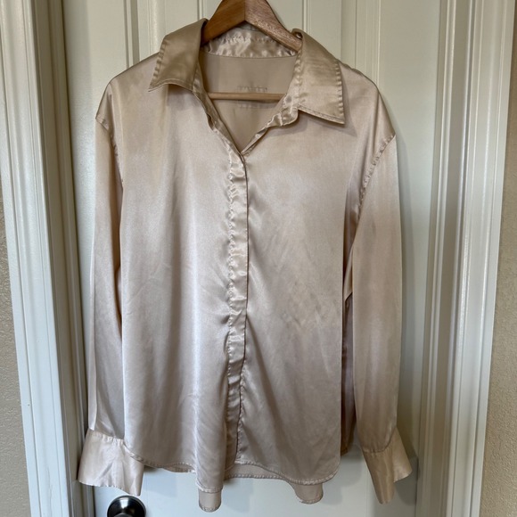 DAILY‎ DR!LLS Satin Button Down Shirt Womens M L Beige Silk Blend Long Sleeve - Picture 2 of 8